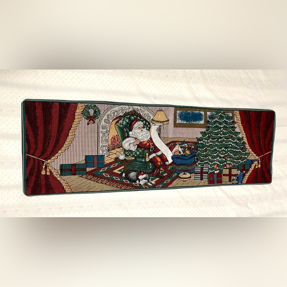 *VINTAGE* Tapestry Table Runner Dresser Scarf - 36” - Christmas Scene - Santa